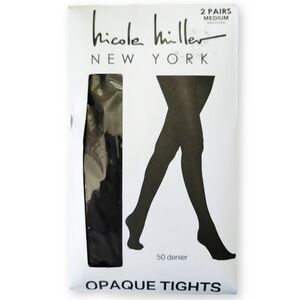 Nicole Miller Opaque Black Tights 2 Pack Womens Medium 50 Denier